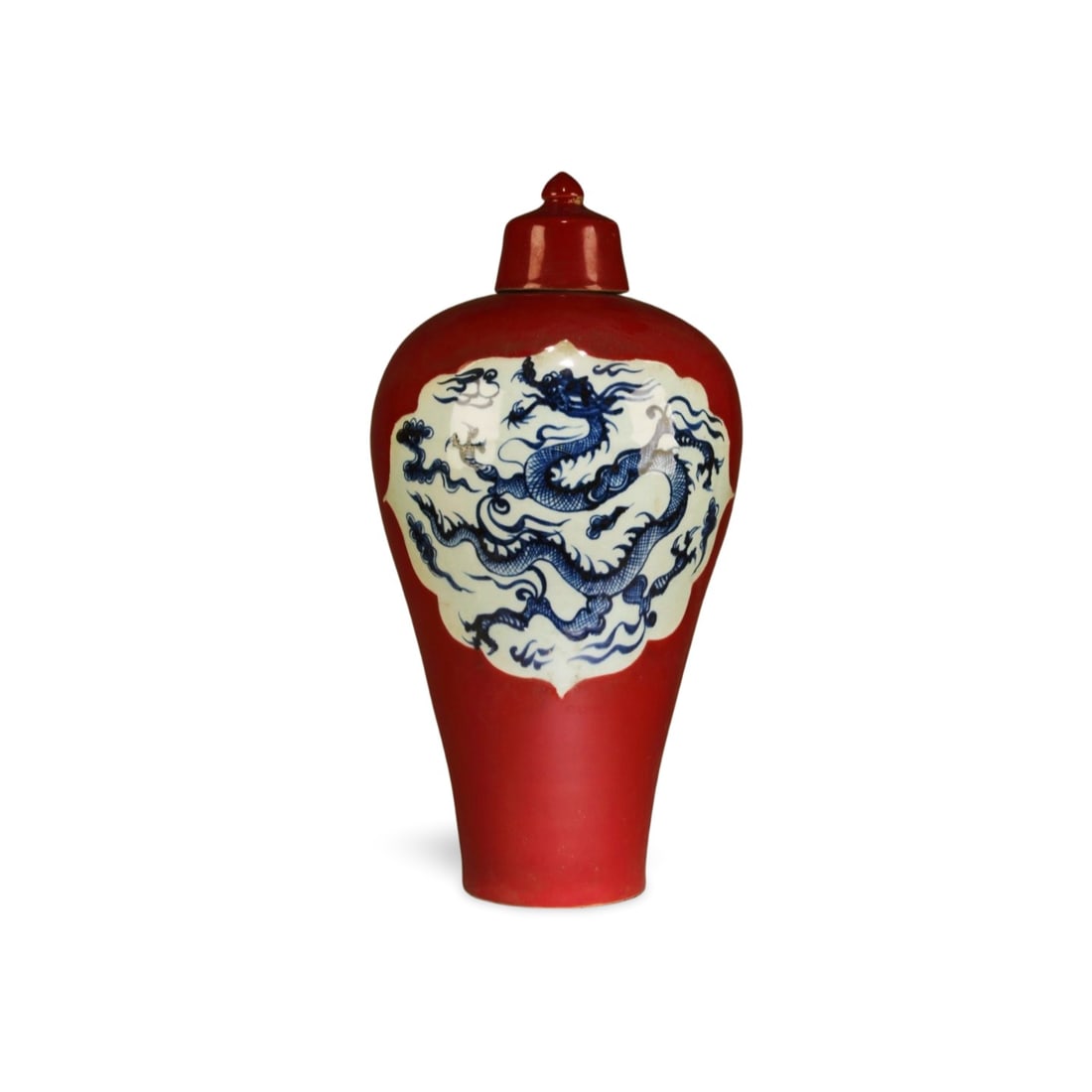 A Blue, White, and Red Vase with Lid: A Blue, White, and Red Vase with Lid and Dragon Motif. Dimensions: 20" x 9.5".