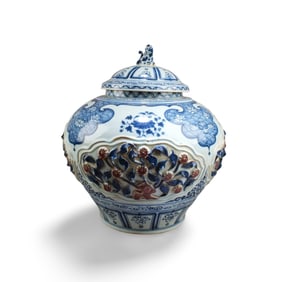 Iron Red Blue & White Porcelain Jar with Lid