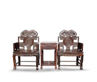 A Set of Three Chinese Hardwood Chairs and Table