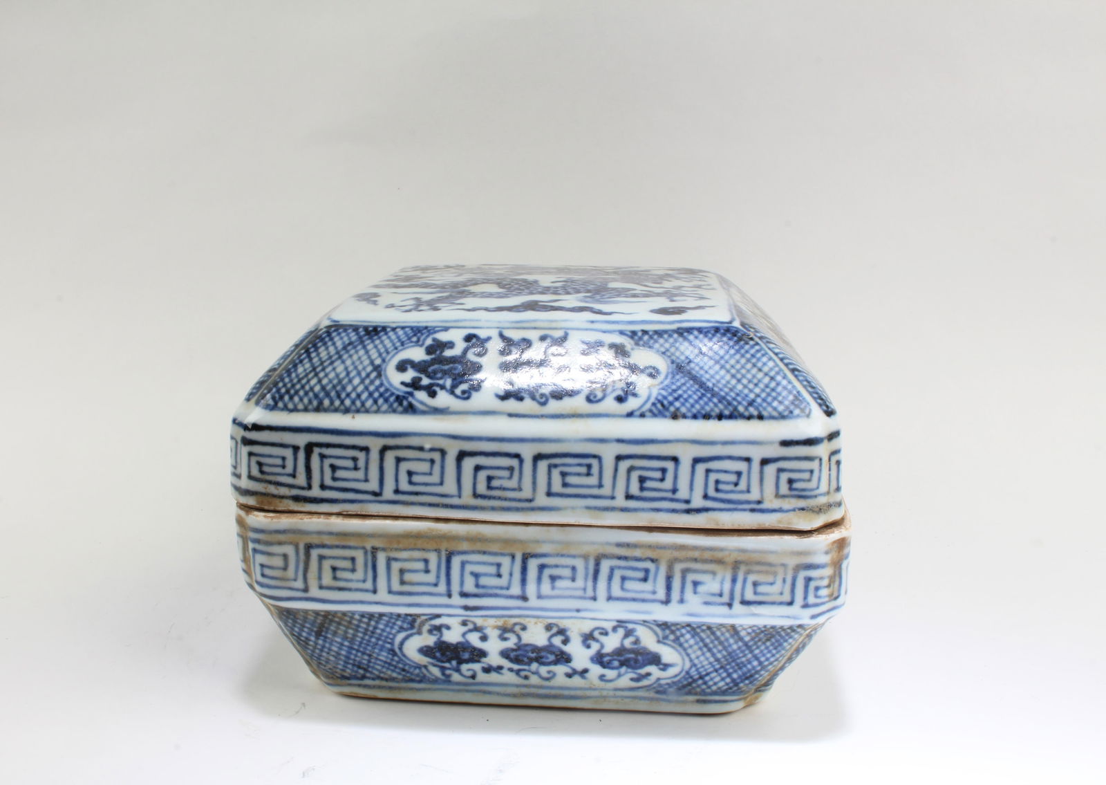 Chinese Blue & White Square Shaped Container: Chinese Blue & White Square Shaped Container. 'XuanDe' mark at base. Length: 6.5" Width: 6.5" Height: 4.5"