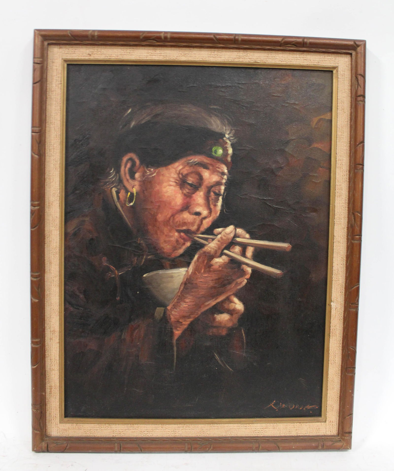 A Framed Oil Painting: A Framed Oil Painting, depicting an old woman holding chopsticks and bowl. Length: 21.5" Height: 27.75" (Frame)