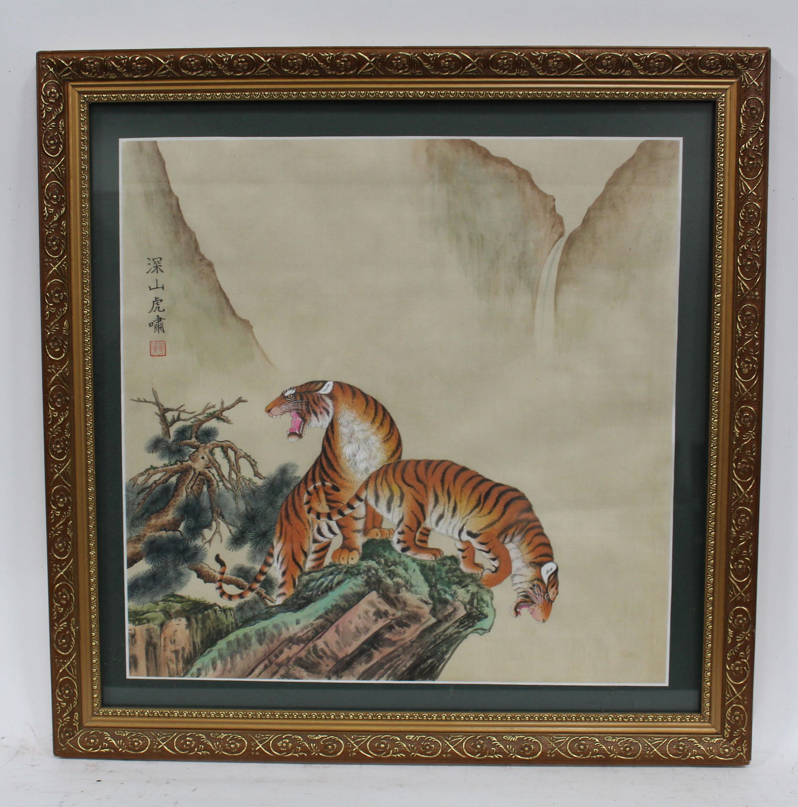 A Framed Painting: Ink and color on painting, depicting a tiger. Length: 22.75" Height: 22.5" (Frame)