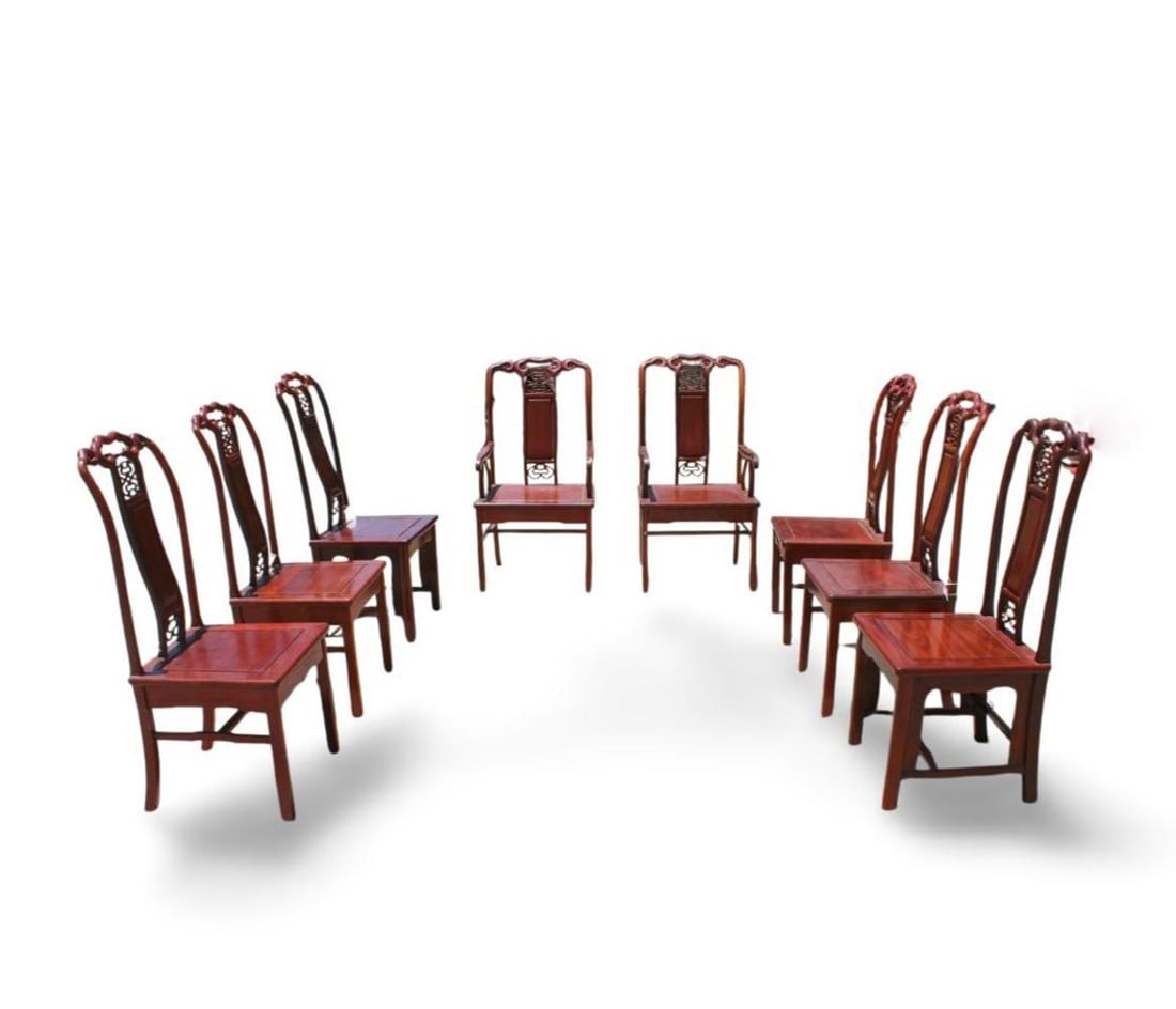 A Set of Eight Hardwood Backrest Chairs: A Set of Eight Hardwood Backrest Chairs, two of them come with arm rest. Length: 22" Width: 18.75" Height: 41" ( armrest chair)