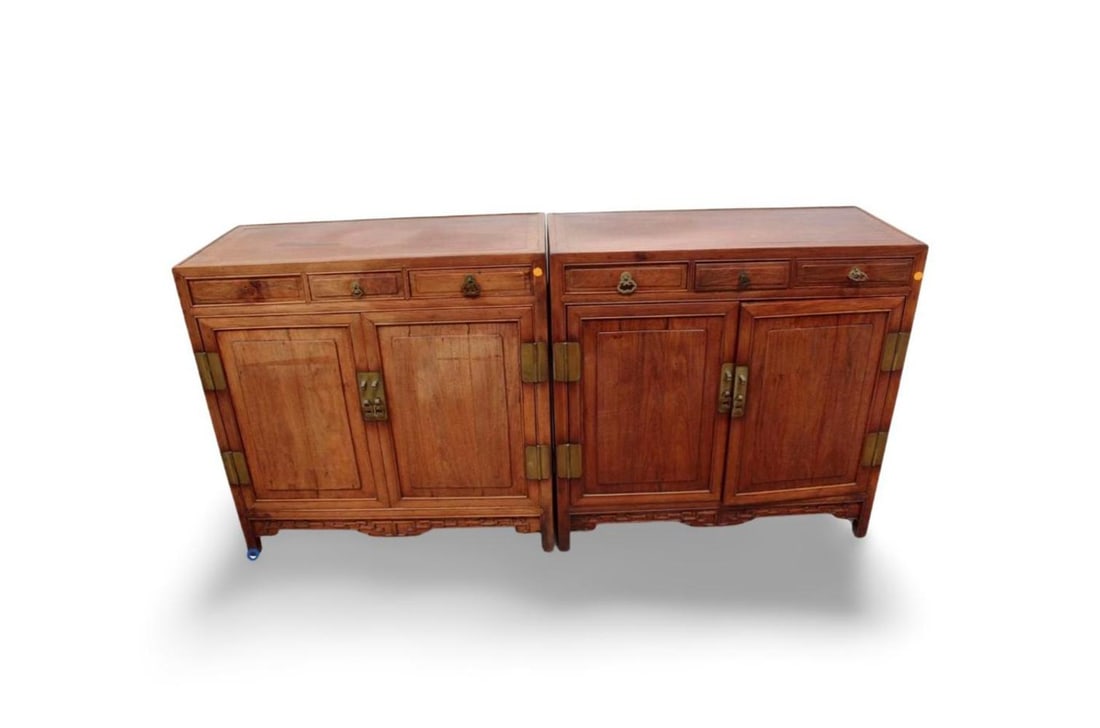 A Pair of Chinese Hardwood Cabinets: A Pair of Chinese Hardwood (Possibly HuangHuaLi) Cabinets. Length: 33.25" Width: 15" Height: 32.5"