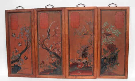 A Set of Four Hardwood Framed Lacquer Plaque