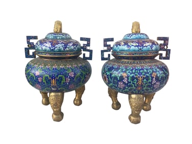 A Pair of Blue Cloisonne Incense Burner with Lid