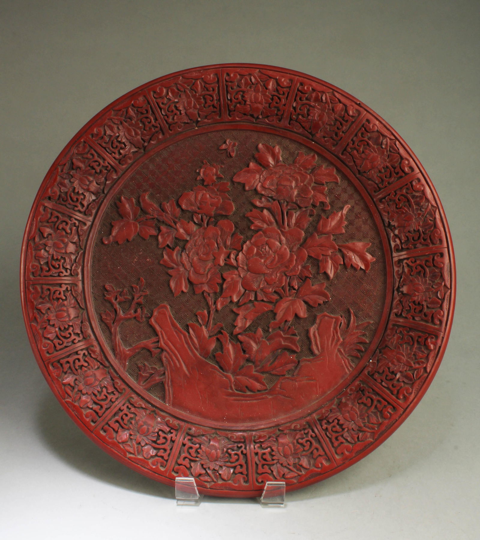 Chinese Cinnabar Lacquer Plate: Chinese Cinnabar Lacquer Plate. Diameter: 15"