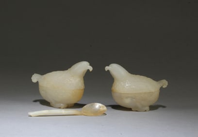 A Pair of Chinese Jade Quail Shaped Containers