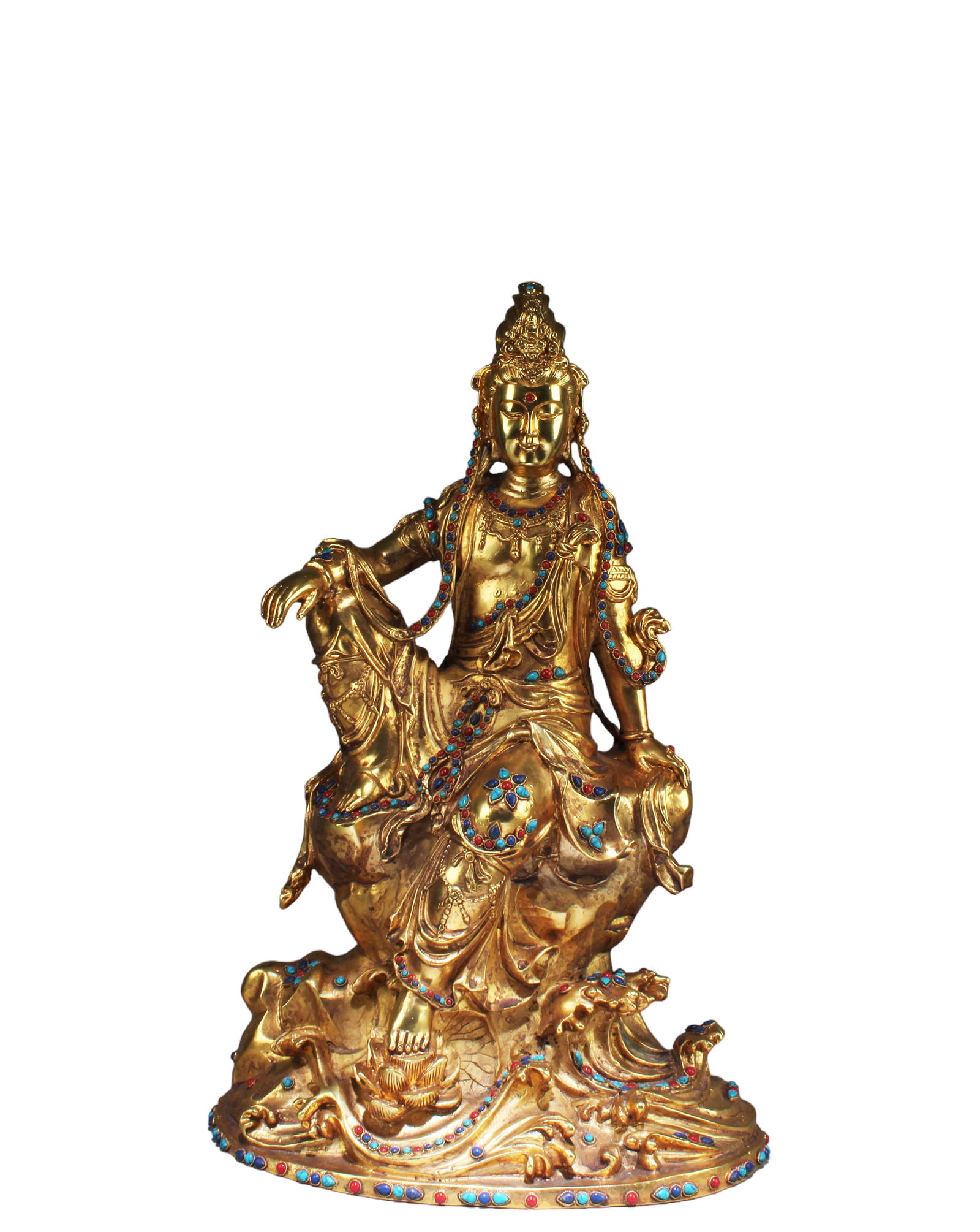 A Gilt Bronze Seated Bodhisattva statue: A Gilt Bronze Seated Bodhisattva statue, with turqupise and other semi-precious stones inlaid. Height: 17.75" Length: 11.75"