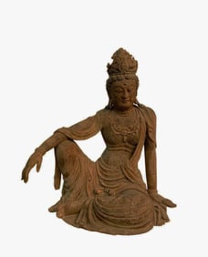 A Large Carved Wooden Bodhisattva Statue