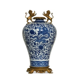 A Blue and White Meiping Vase with Bronze Accents