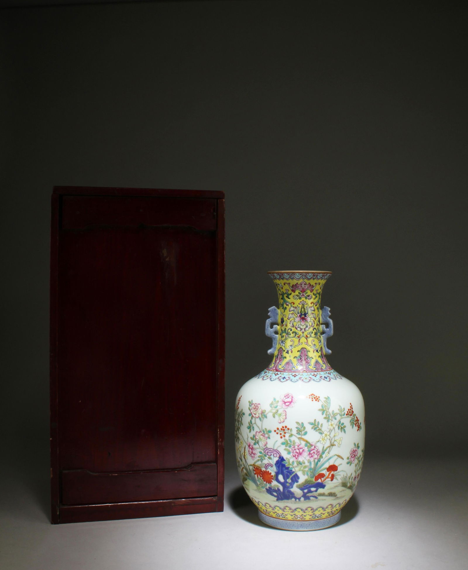 A Fencai Vase with Box: A Fencai Vase with Box. Dimensions: 12.5" x 7"