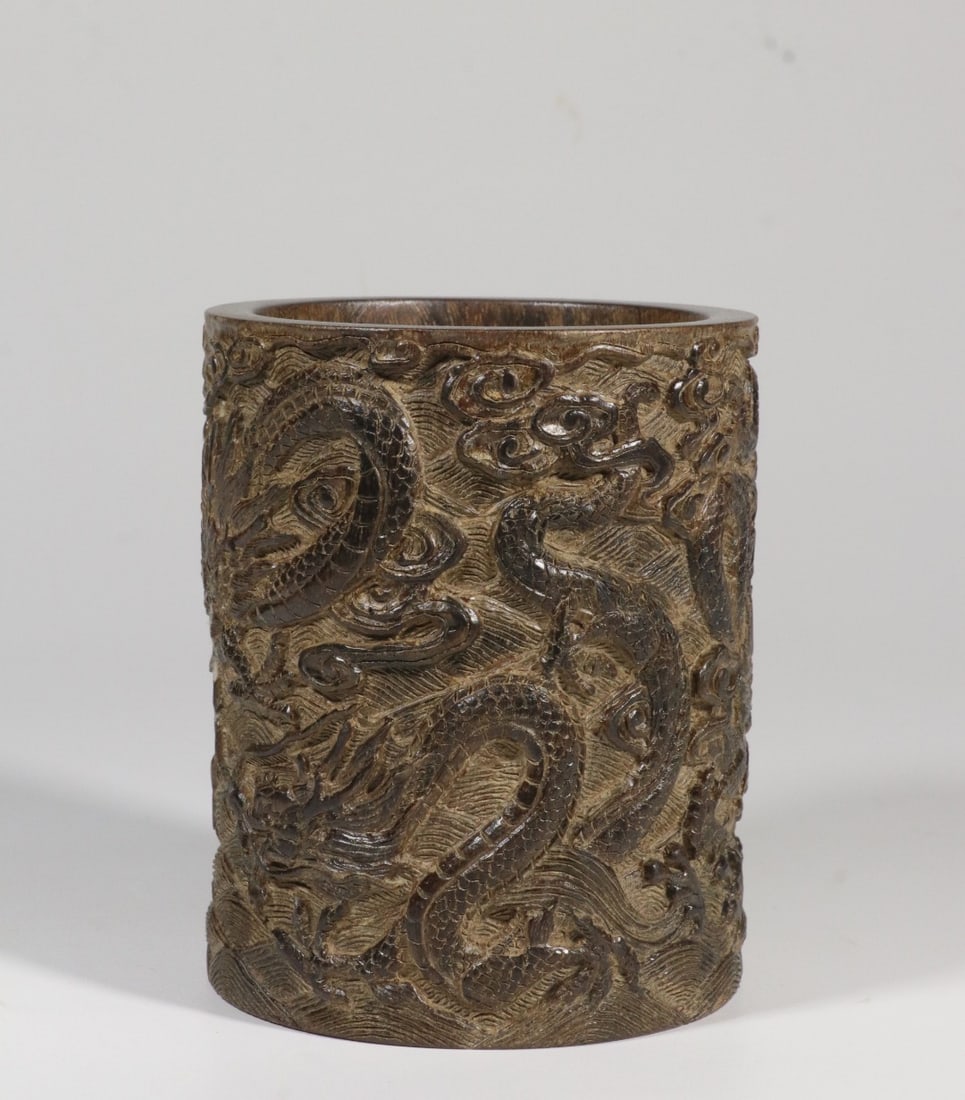 A Agarwood Brushpot: A Agarwood Brushpot. Height: 4.41in; Diameter: 3.58in; Weight: 0.733lb.