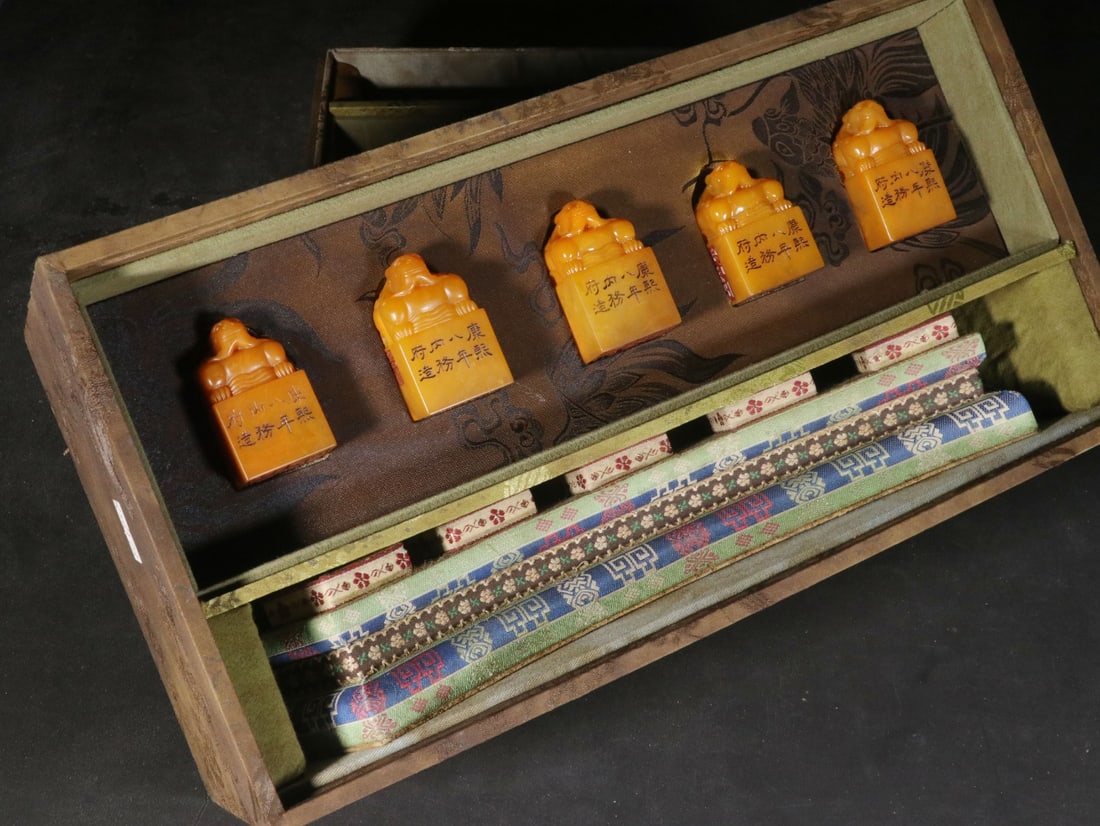 A Group of Five Shoushan Tianhuang Stone Seals: A Group of Five Shoushan Tianhuang Stone Seals. Height: 2.17in; Length: 1.34in; Width: 1.34in; Weight: 1.288lb.