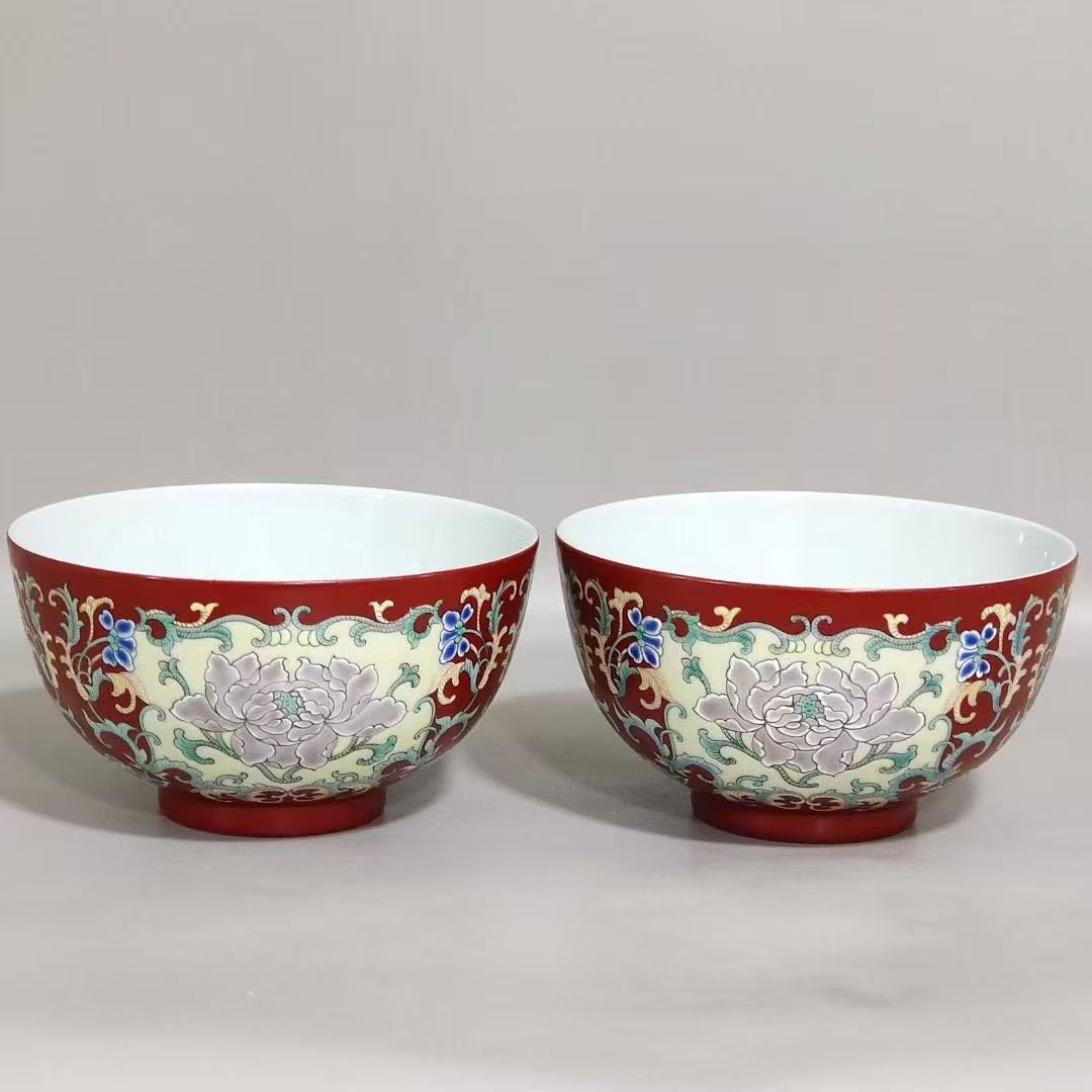 A Pair of Yangcai Bowls: A Pair of Yangcai Bowls. Height: 2.52in; Diameter: 4.53in.