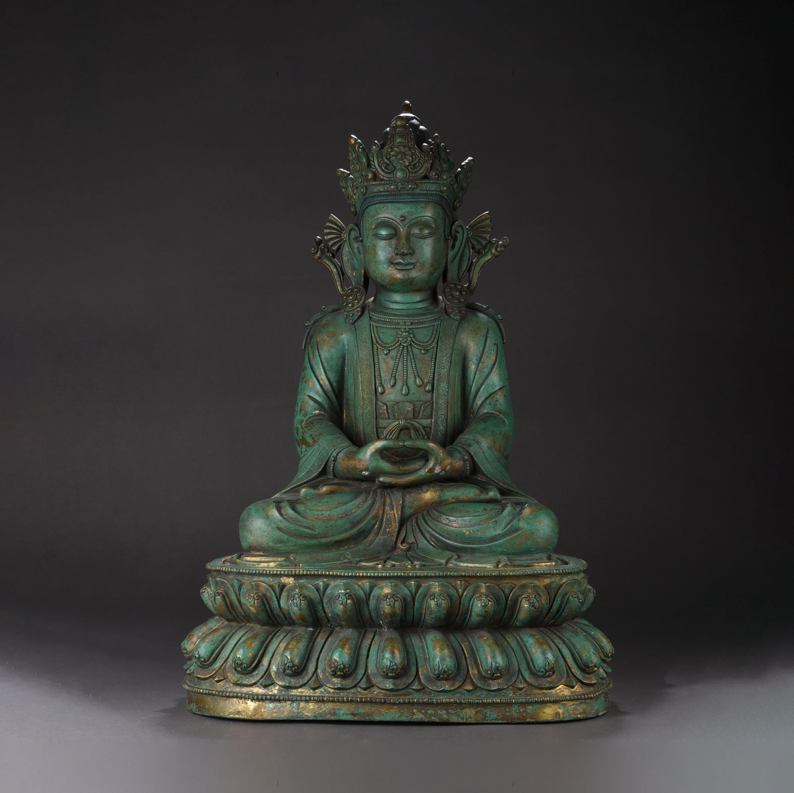Bronze Polychromed Statue of Shakyamuni: Bronze Polychromed Statue of Shakyamuni. Length: 16.14" Width: 11.81" Height: 23.62"