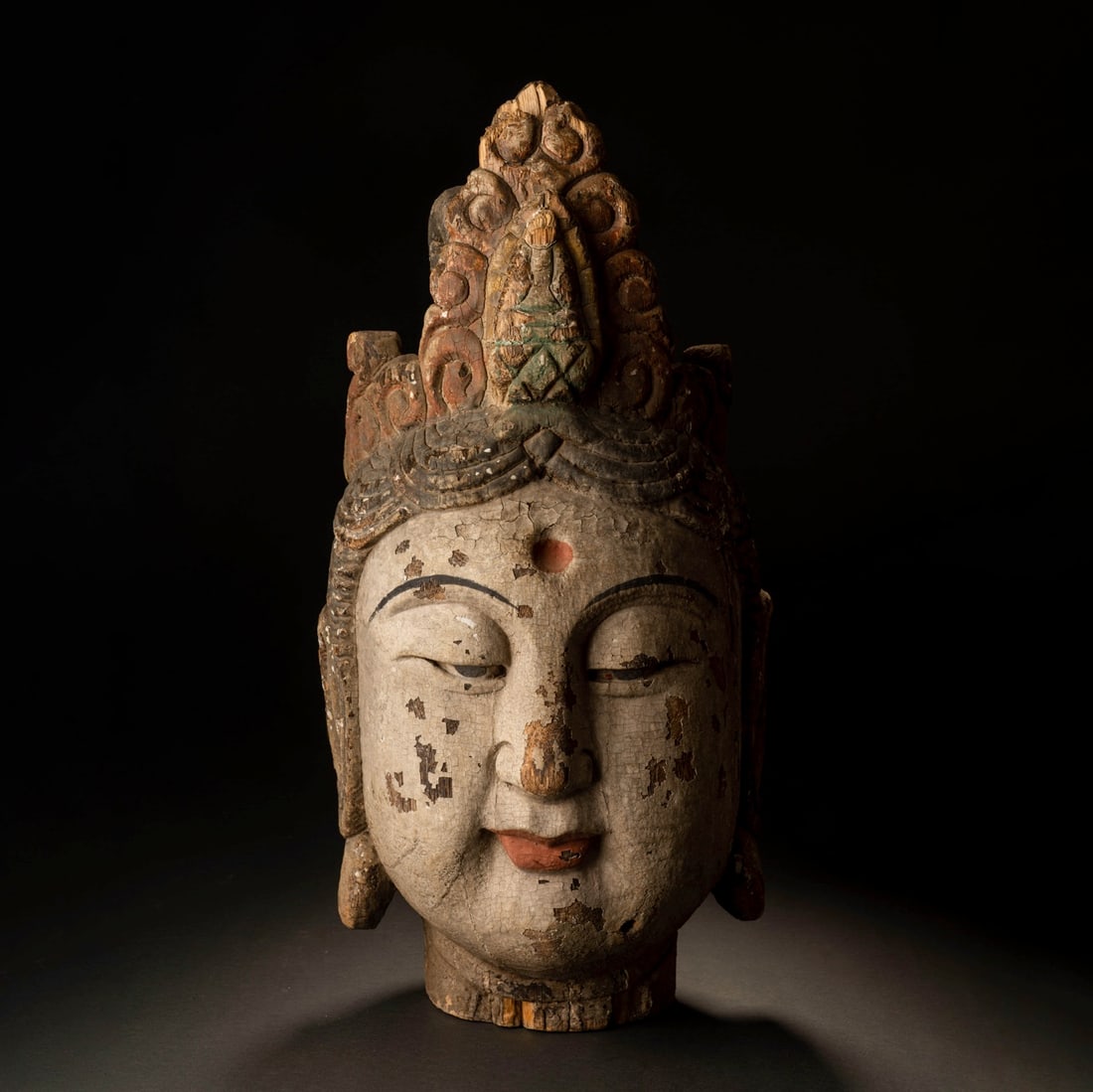 Painted Wood Head of Avalokitesvara: Painted Wood Head of Avalokitesvara. Height: 20.87"