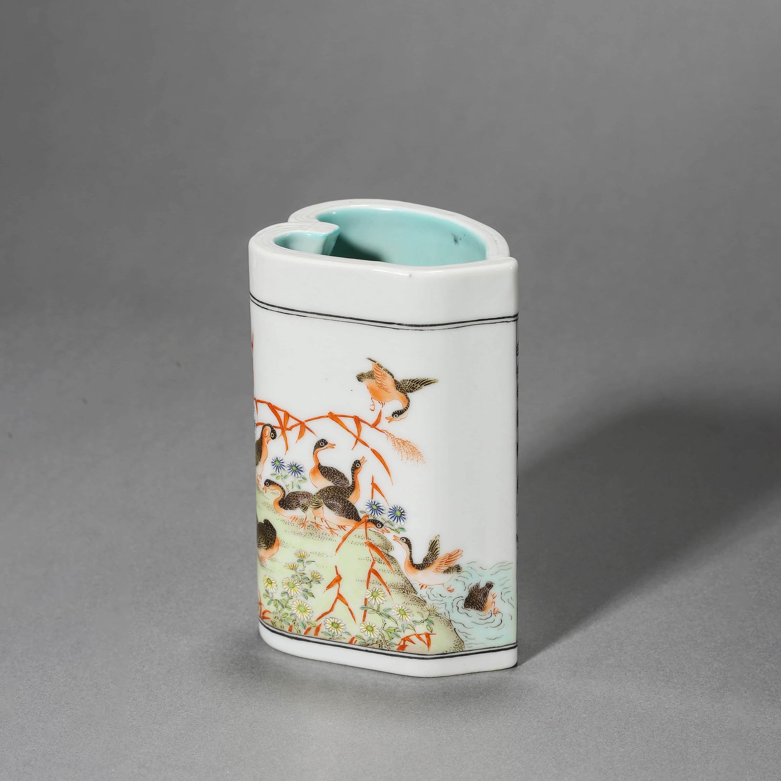 Shendetang Mark Famille Rose Quails Brush Pot: Shendetang Mark Famille Rose Quails Brush Pot. Length: 3.07" Width: 2.36" Height: 4.72"