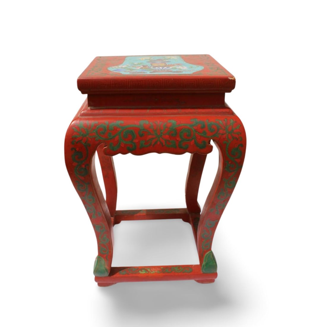 An Antique Cinnabar Pedastool with Cloisonne Top (1 of 8)