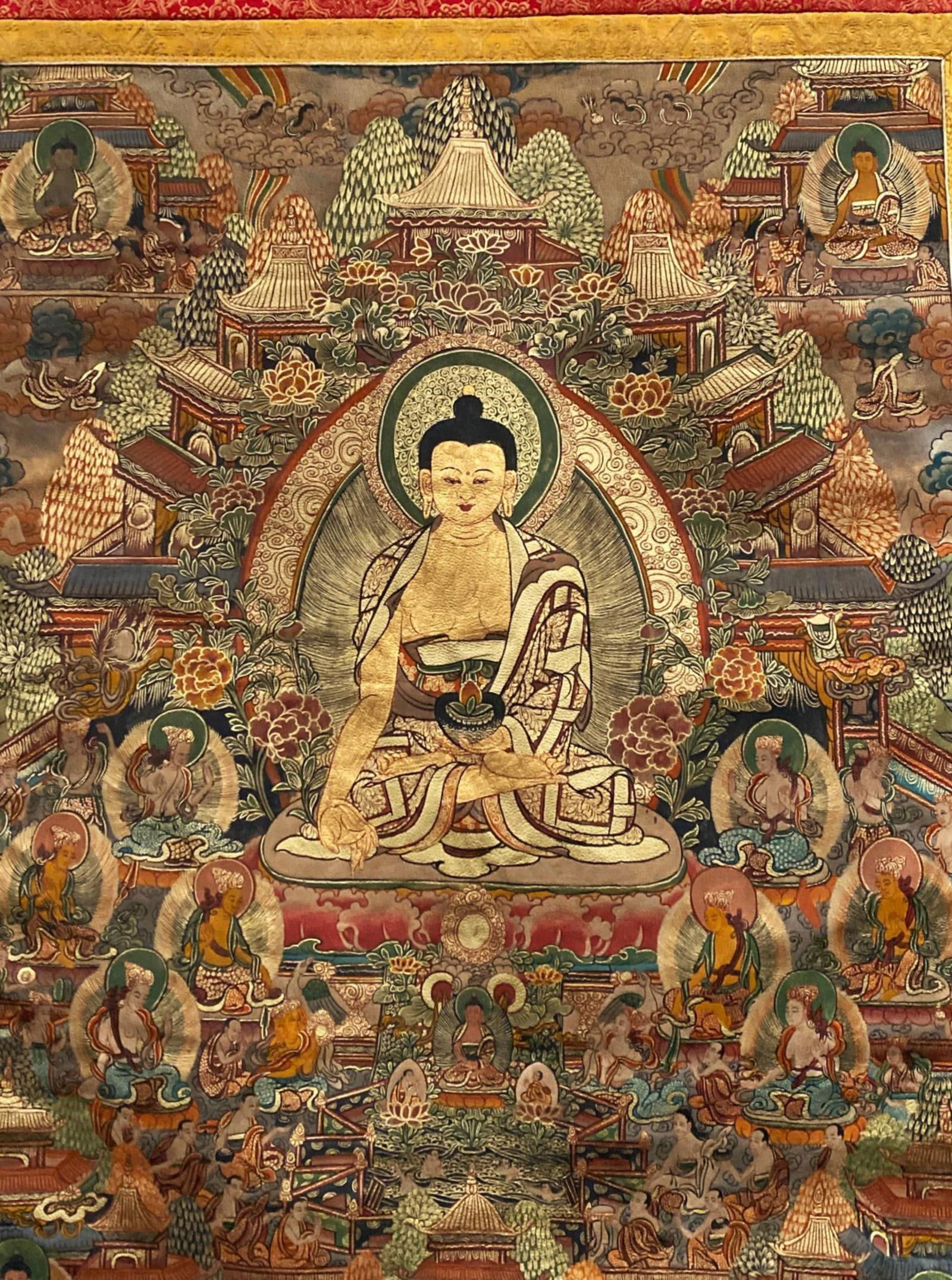 A Tibetan Thangka: A Tibetan Thangka, drawn on leather skin. Height: 70" Length: 36" (Outer) Height: 33" Length: 24" (Inner)