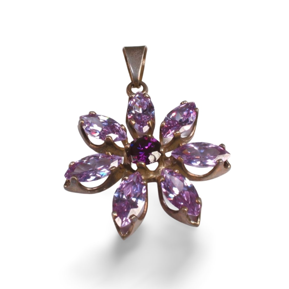A Petal Shaped Pendant with Crystal Inlay: A Petal Shaped Pendant with Crystal Inlay. Length: 1.5"