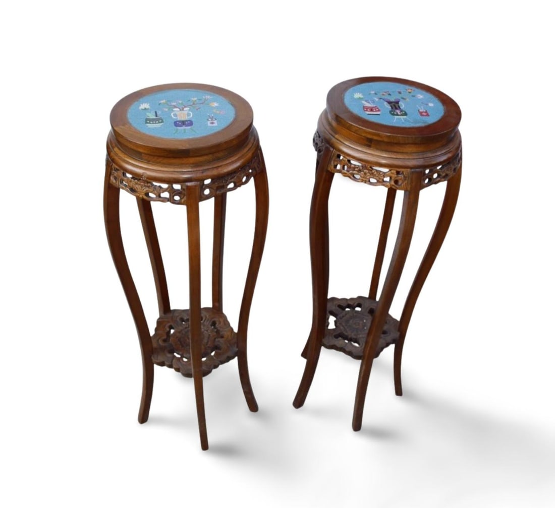 A Pair of Hardwood Pedestals with Cloisonne Top: A Pair of Hardwood Pedestals with Cloisonne Top. Dimension: 11" x 33".