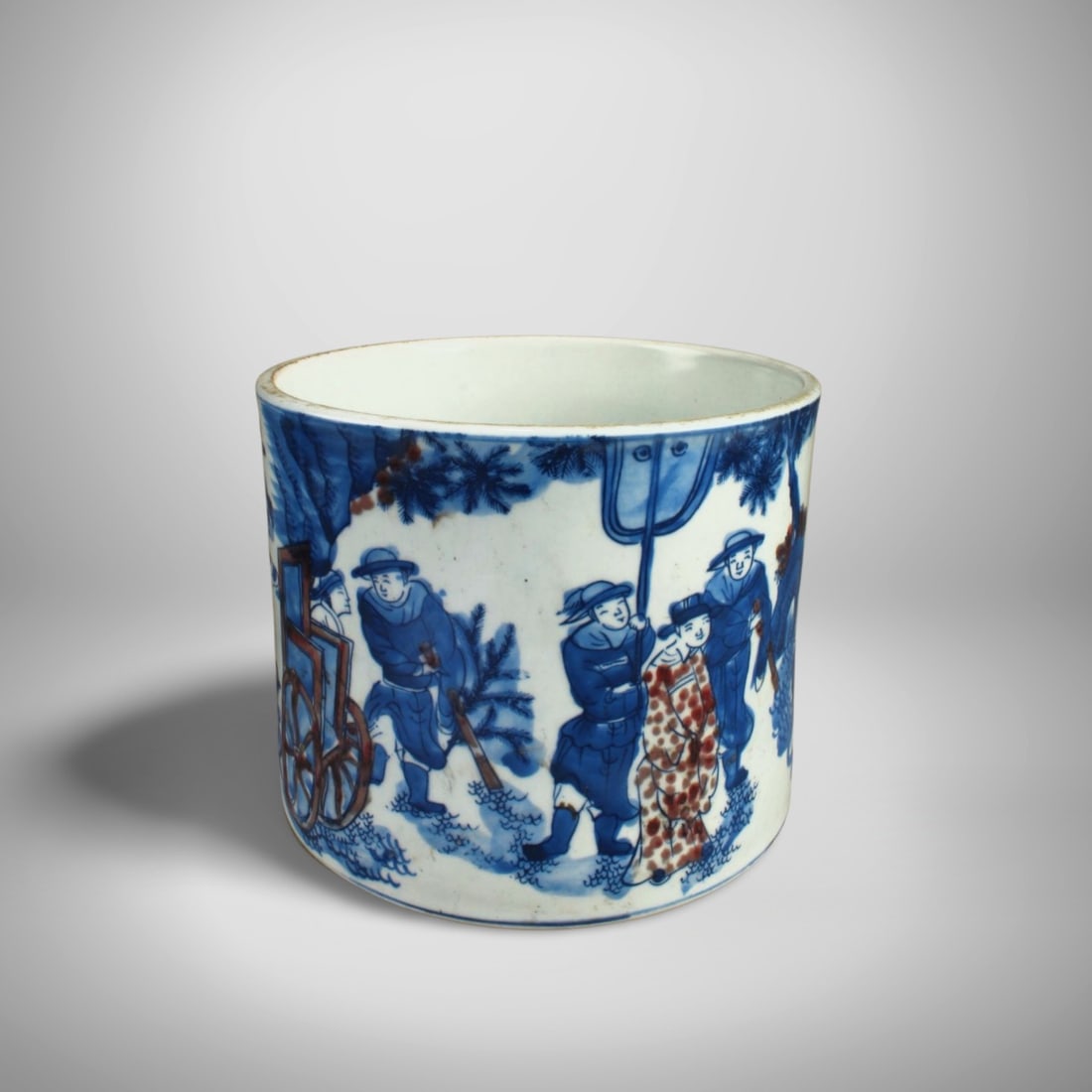 Chinese Iron Red Brushpot: Chinese Iron Red Brushpot. A six-character mark is imprinted at the base. Diameter: 7.5" Height: 6.25"