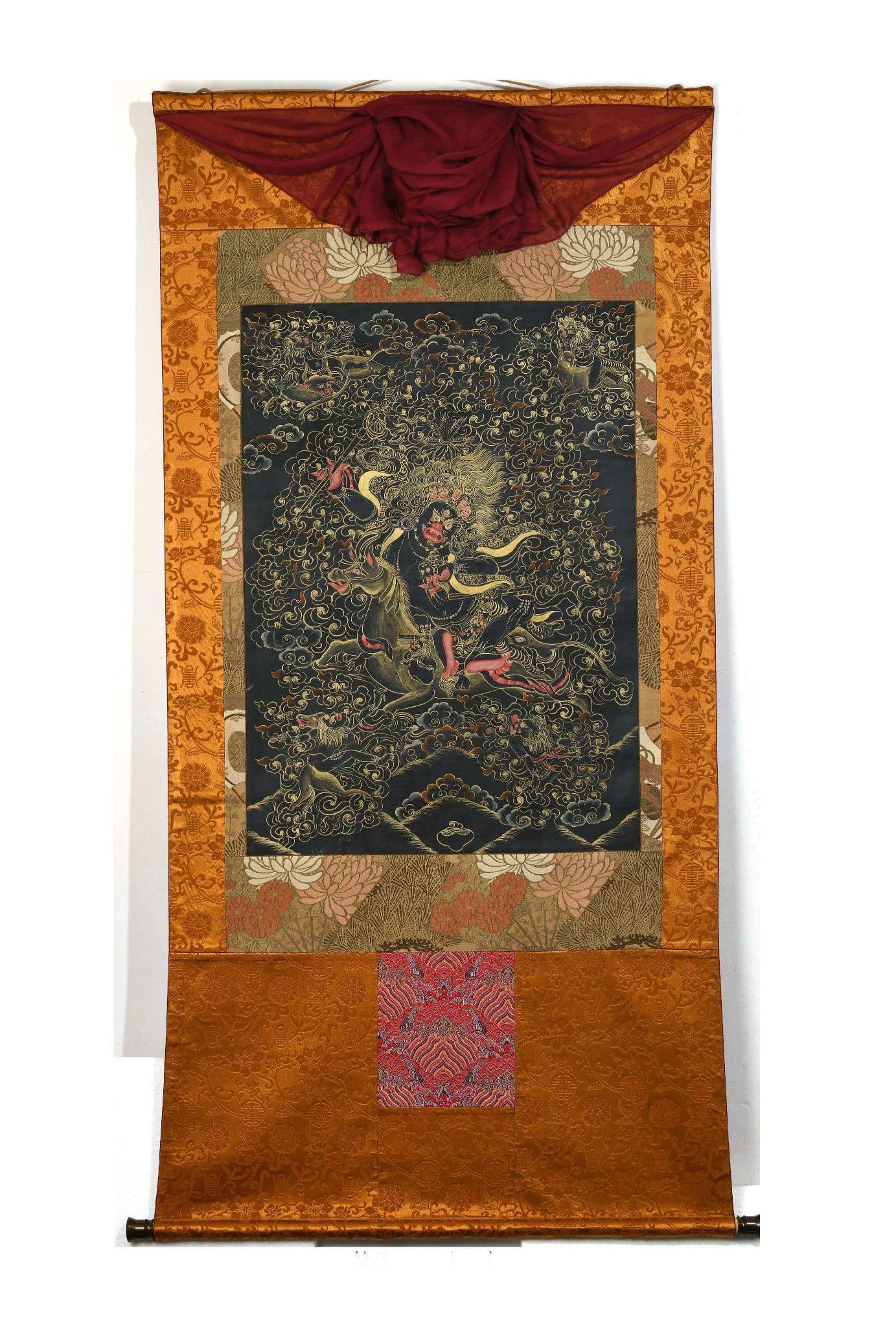 A Thangka Depicting Palden Lhamo: A Thangka Depicting Palden Lhamo. Total Height: 64.96in; Width: 35.83in; Image Length: 31.10in; Image Width: 22.44in.