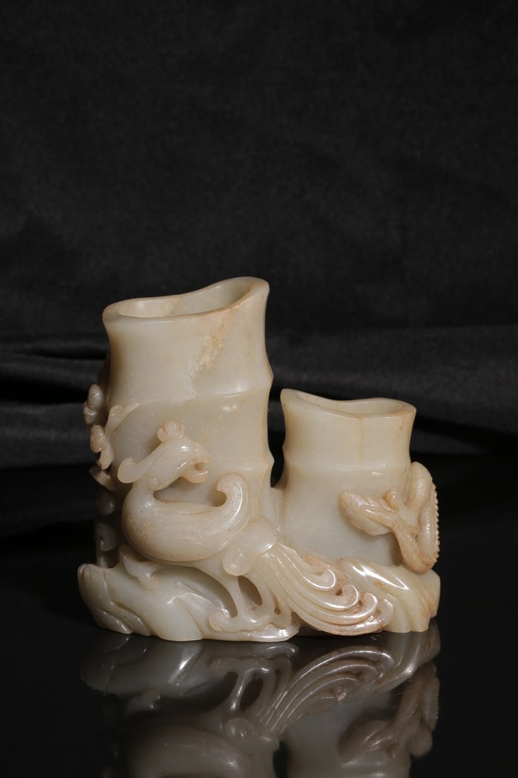 A Hetian Jade Double Brushpot: A Hetian Jade Double Brushpot. Height: 4.33in; Length: 4.33in; Width: 2.17in; Weight: 1.47lbs.