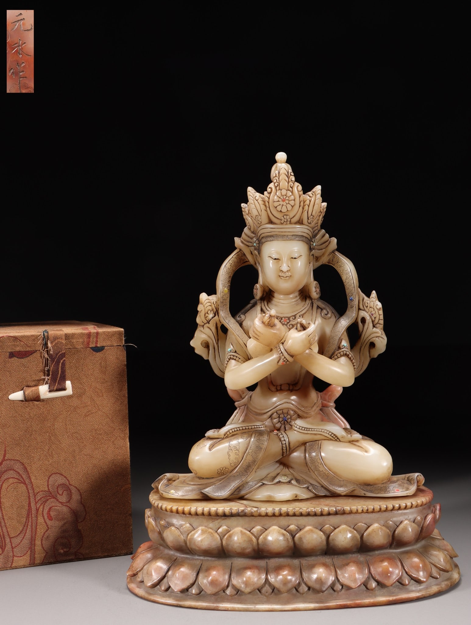 A Shoushan Furong Stone Green Tara Statue: A Shoushan Furong Stone Green Tara Statue. Height: 9.06in; Length: 6.69in; Width: 4.45in; Weight: 5.45lbs.