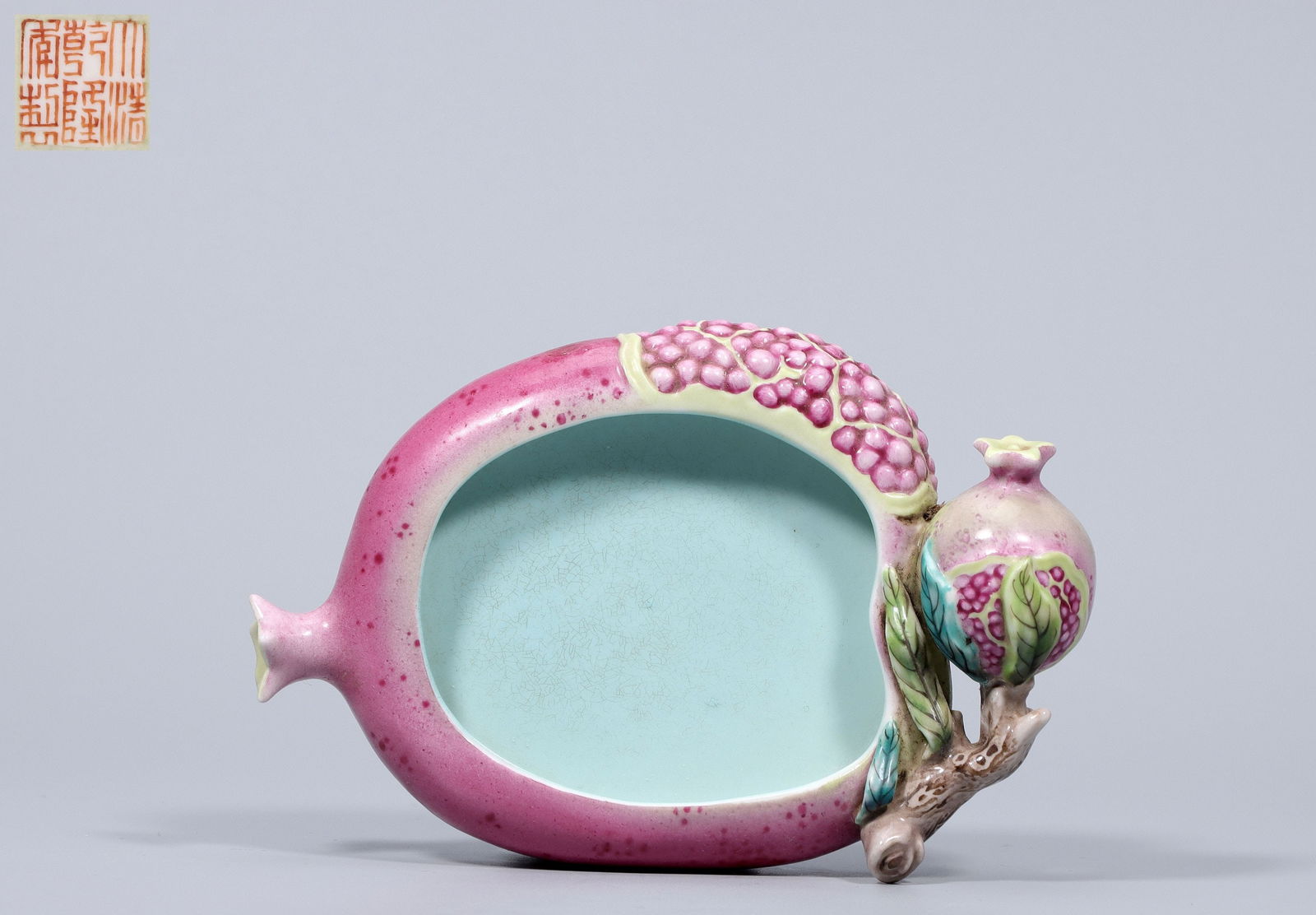 A Rouge-Red Glazed Pomegranate Washer: A Rouge-Red Glazed Pomegranate Washer. Dimensions: 14.8 × 9.8 × 4 in; Weight: 0.537 lb.