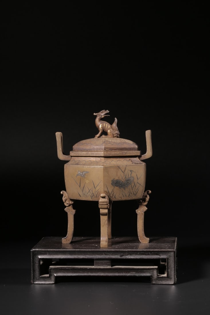 A Bronze Incense Burner Inlaid With Gold and Silver: A Bronze Incense Burner Inlaid With Gold and Silver. Dimensions: 4.21 × 2.95 × 1.97 in; Weight: 0.578 lb.