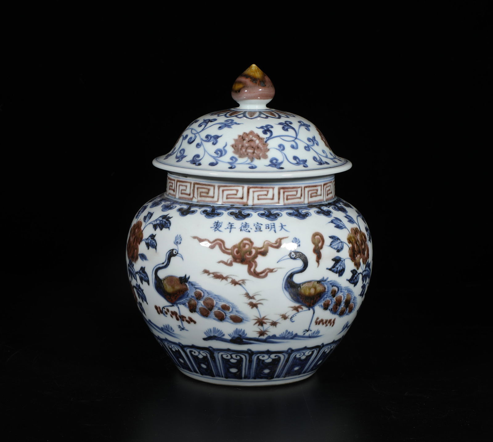 An Iron Red Blue & White Peacock Jar with Lid: An Iron Red Blue & White Porcelain Jar with lid. 'xuanDe' mark. Height: 10.2" Diameter: 8.5"