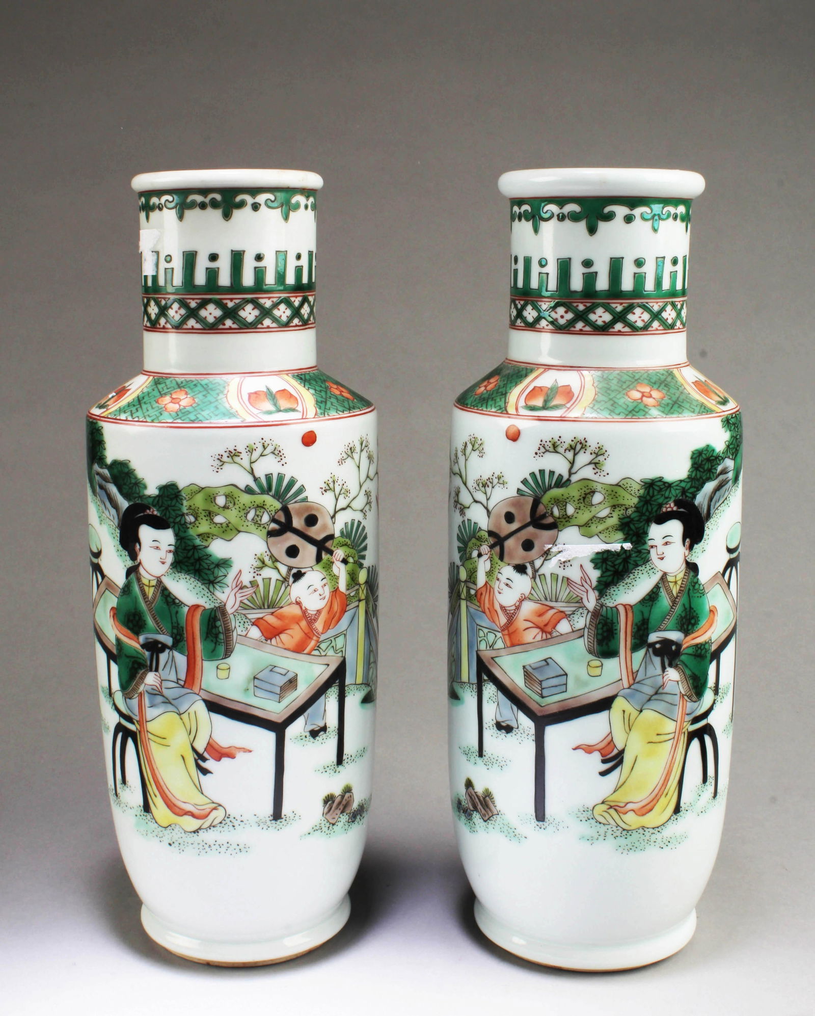 Pair of Chinese Figure Famille Verte Rouleau Vases: A Pair of Chinese Famille Verte Vases. Height: 12"