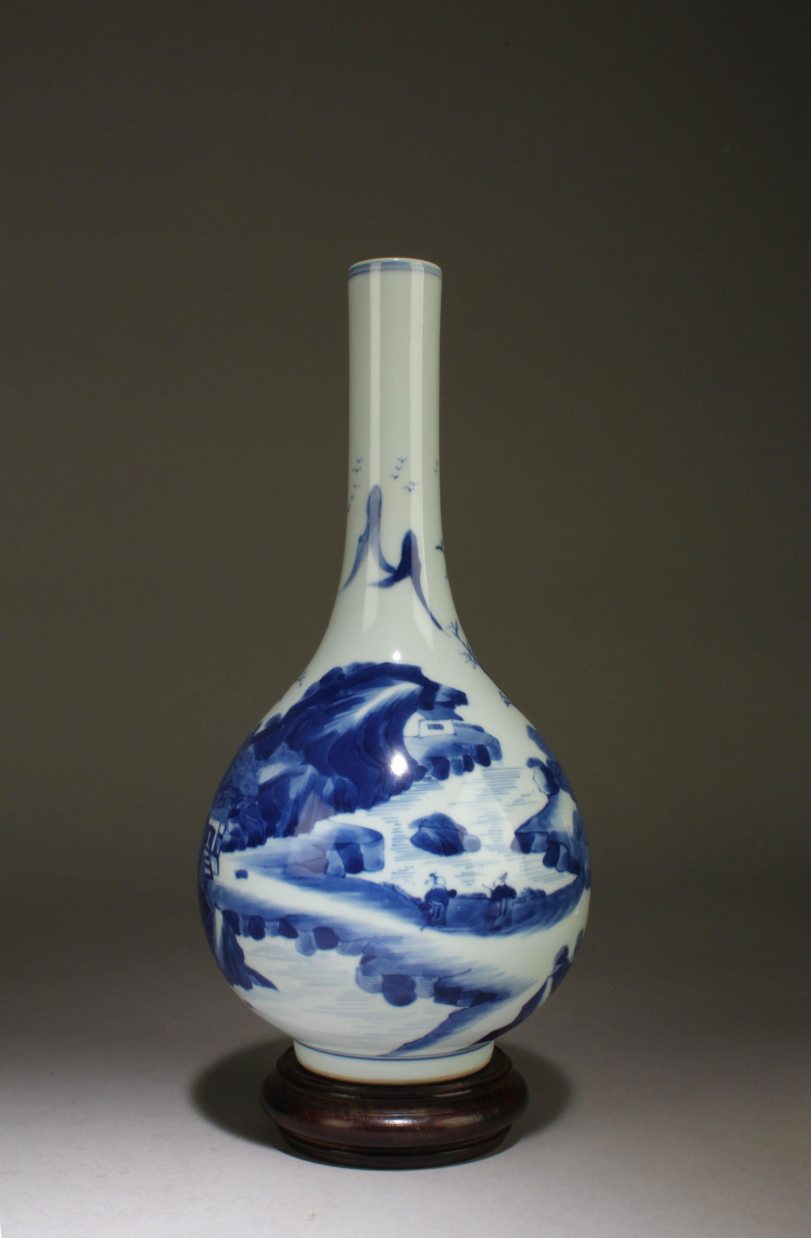 A Blue and White Vase with Stand: A Blue and White Vase with Stand. Dimensions: 11" x 5.5"