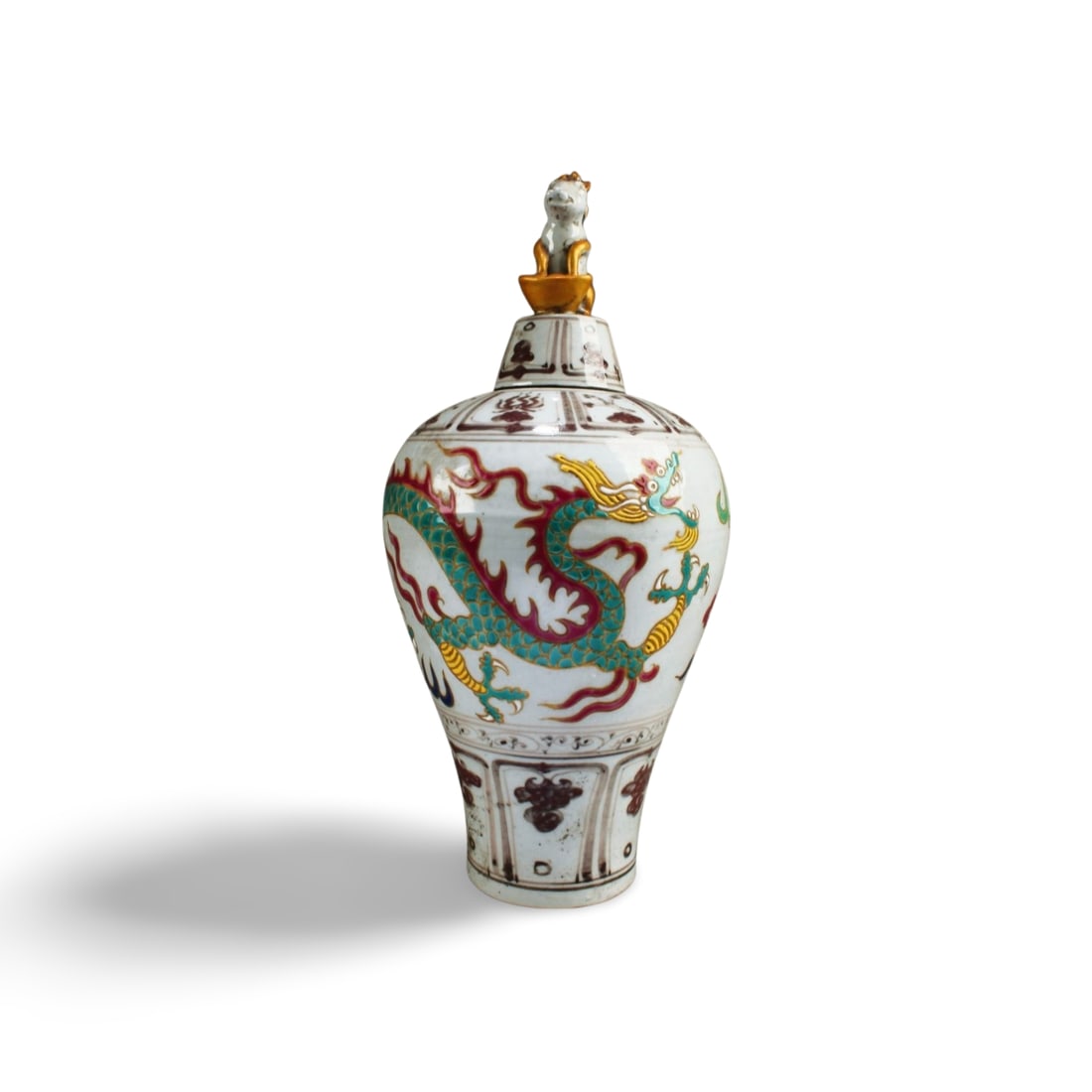 Chinese Porcelain Meiping Vase: Chinese Porcelain Meiping Vase with lid depicting a sheep, the body decorated with three-clawed dragon. Height: 13.5"