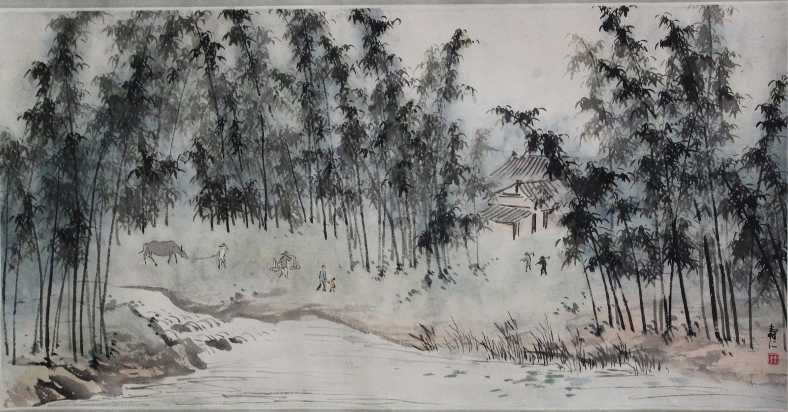 Chinese Landscape Painting: A Chinese painting of landscape covered by bamboo with a village and villagers in distance, signed with seal attributed to Shouren. Length 25.75" Width 13.25"