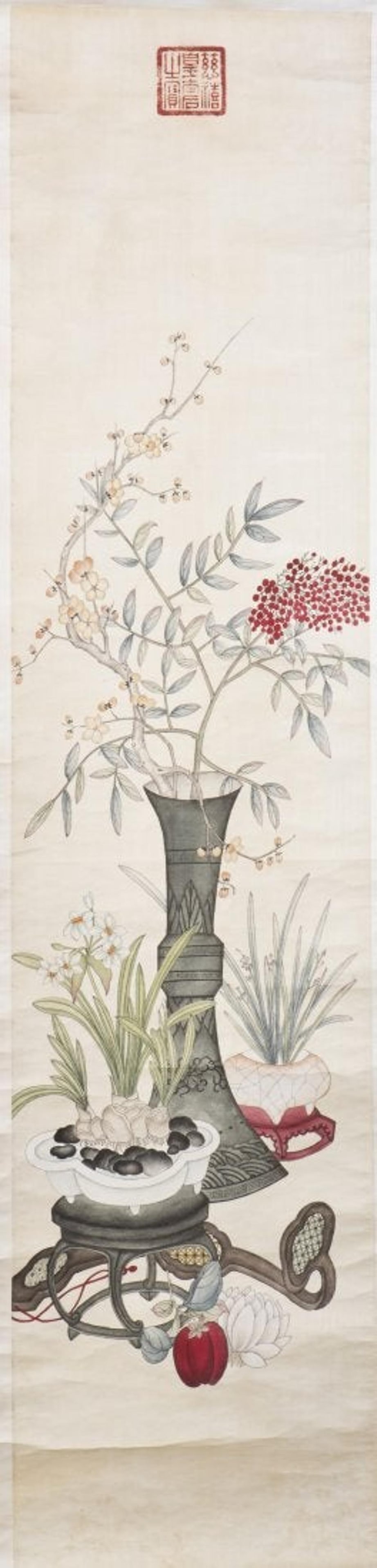 A Chinese Hanging Scroll Painting: Chinese Hanging Sroll Painting, ink and color on paper,depicting flowers on the vases, with one seal and signature attributed to Empress Dowager CIXI.Height 52" Width 12"