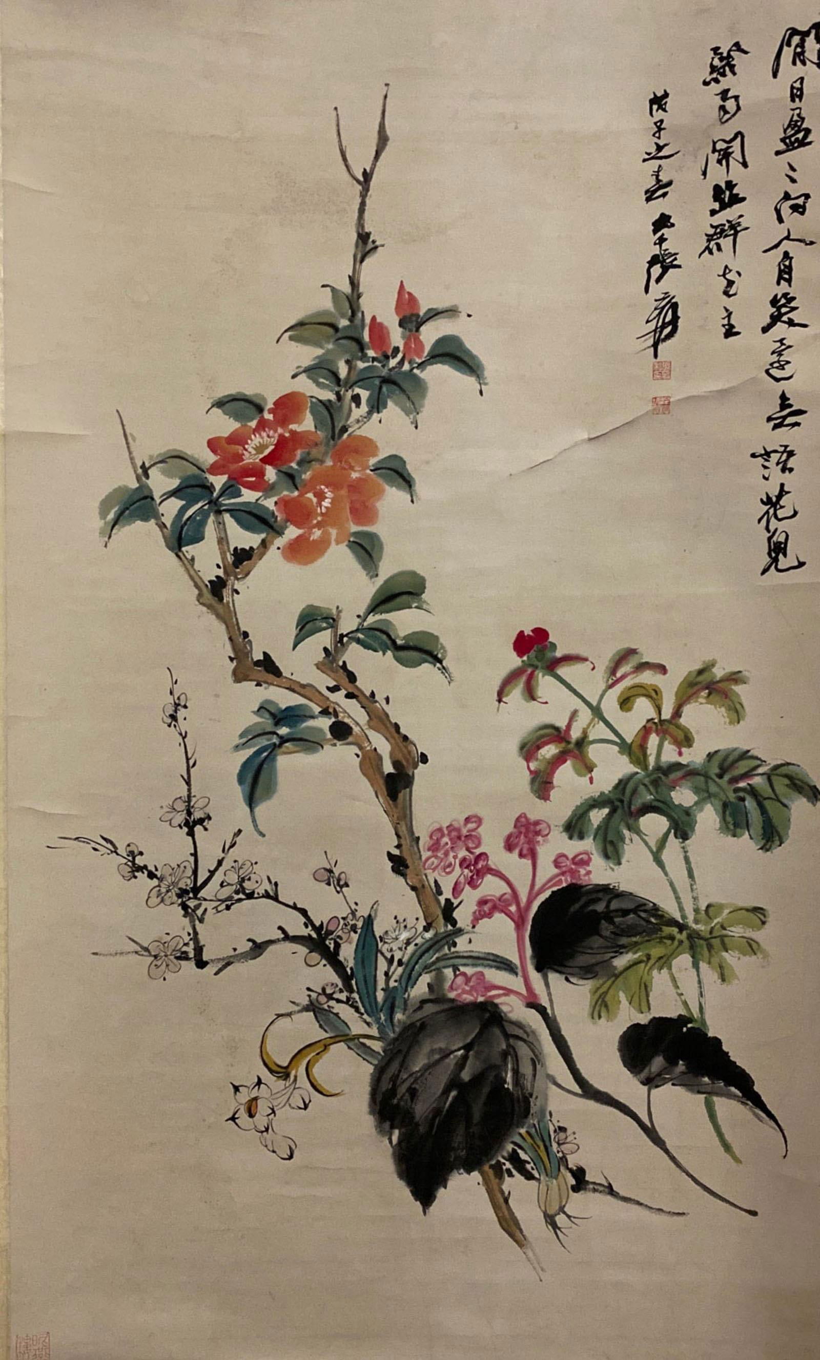 Chinese Hanging Scroll Painting: Chinese Hanging Scroll Painting, depicting flowers, signed with seal attributed to Zhang Da Qian. Length: 16.5" Height: 36.25"