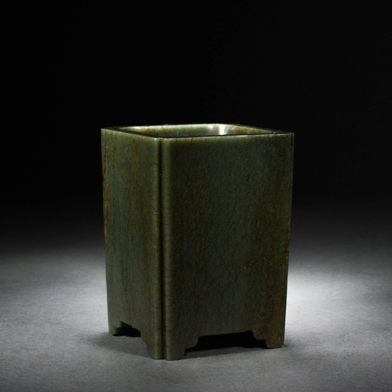 Jasper Jade Brush Pot: Jasper Jade Brush Pot. Length:3.74" Width:3.74" Height:5.12"