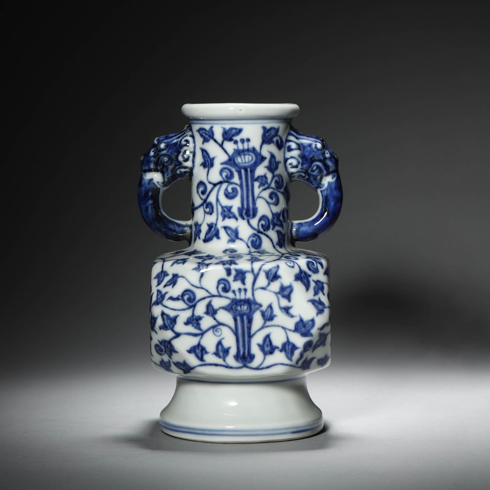 Blue and White Morning Glory Faceted Vase: Blue and White Morning Glory Faceted Vase. Length:3.74" Width:3.74" Height:6.89"