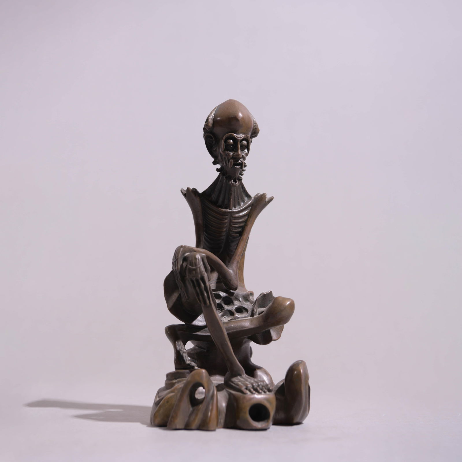 Bronze Figure of Skinny Arhat: Bronze Figure of Skinny Arhat. Length:3.94", Width:3.74", Height:9.06"