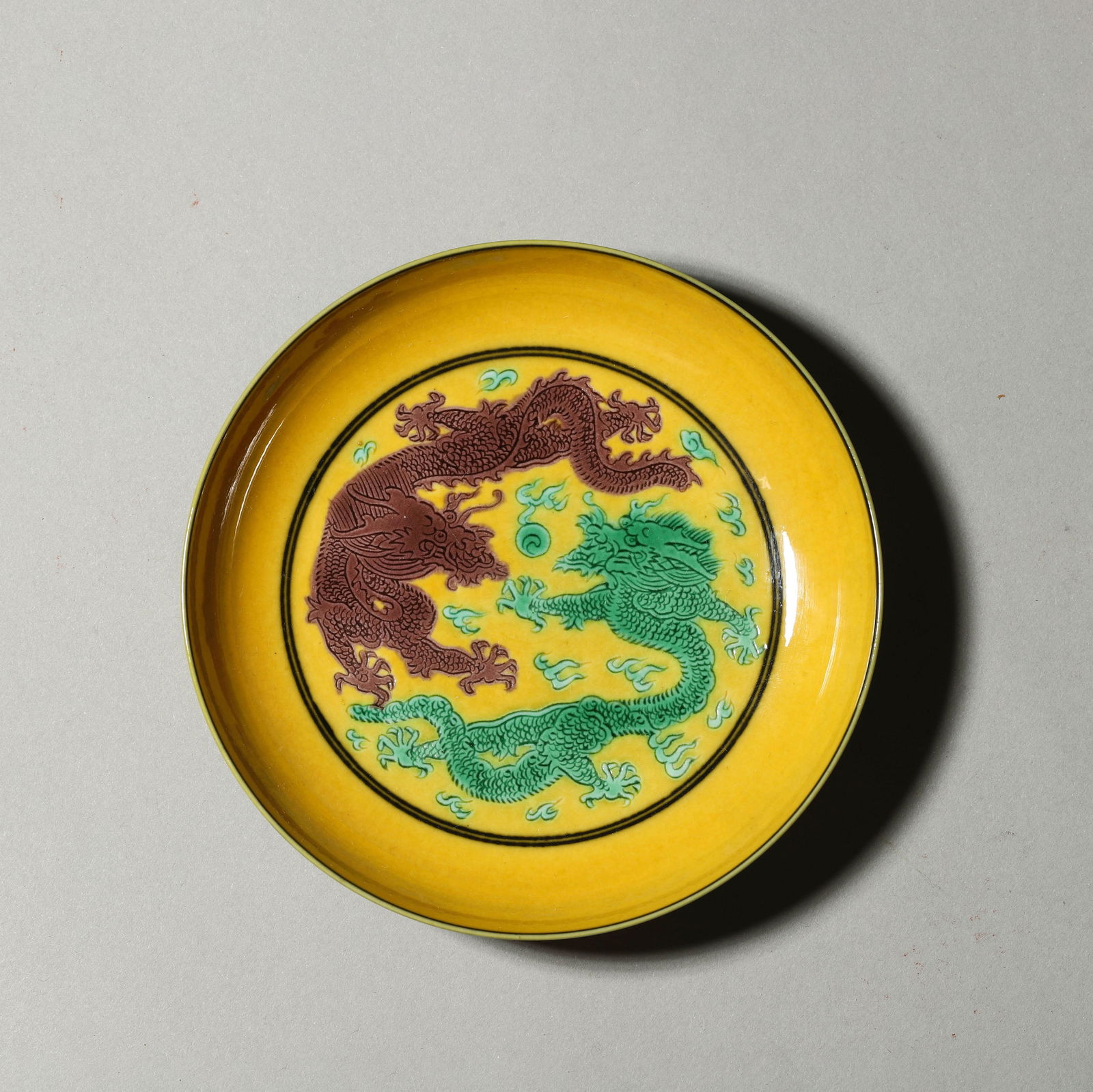 Yellow Ground Two Dragon Dish: Yellow Ground Two Dragon Dish. Diam.4.92" Height:1.02"
