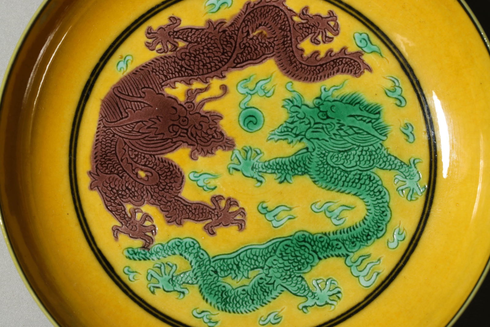 Yellow Ground Two Dragon Dish - 2