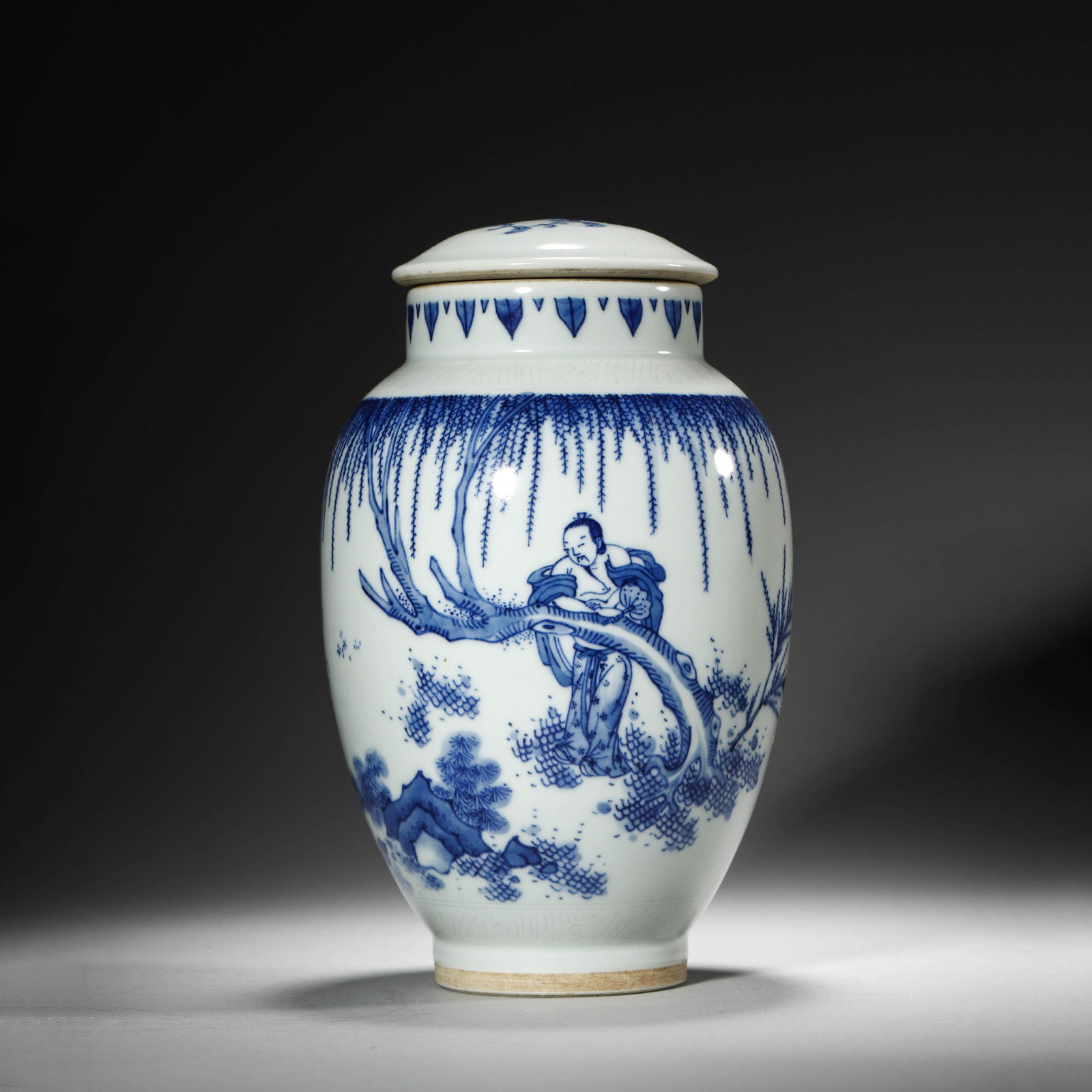 Blue and White Plantain Jar and Cover: Blue and White Plantain Jar and Cover. Diam.4.92" Height:7.09"