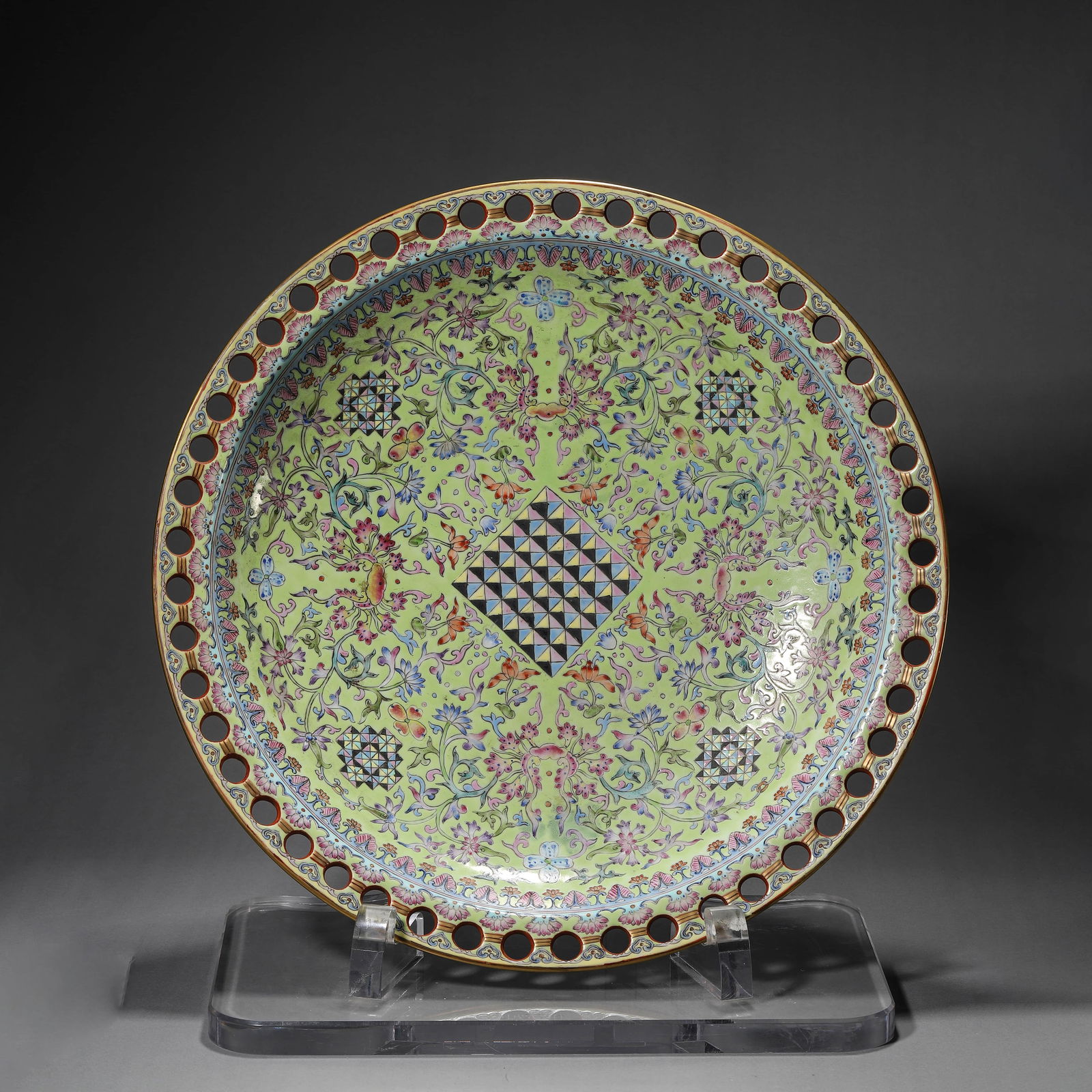 Green Ground Famille Rose Flower Dish: Green Ground Famille Rose Flower Dish. Diam.18.03"