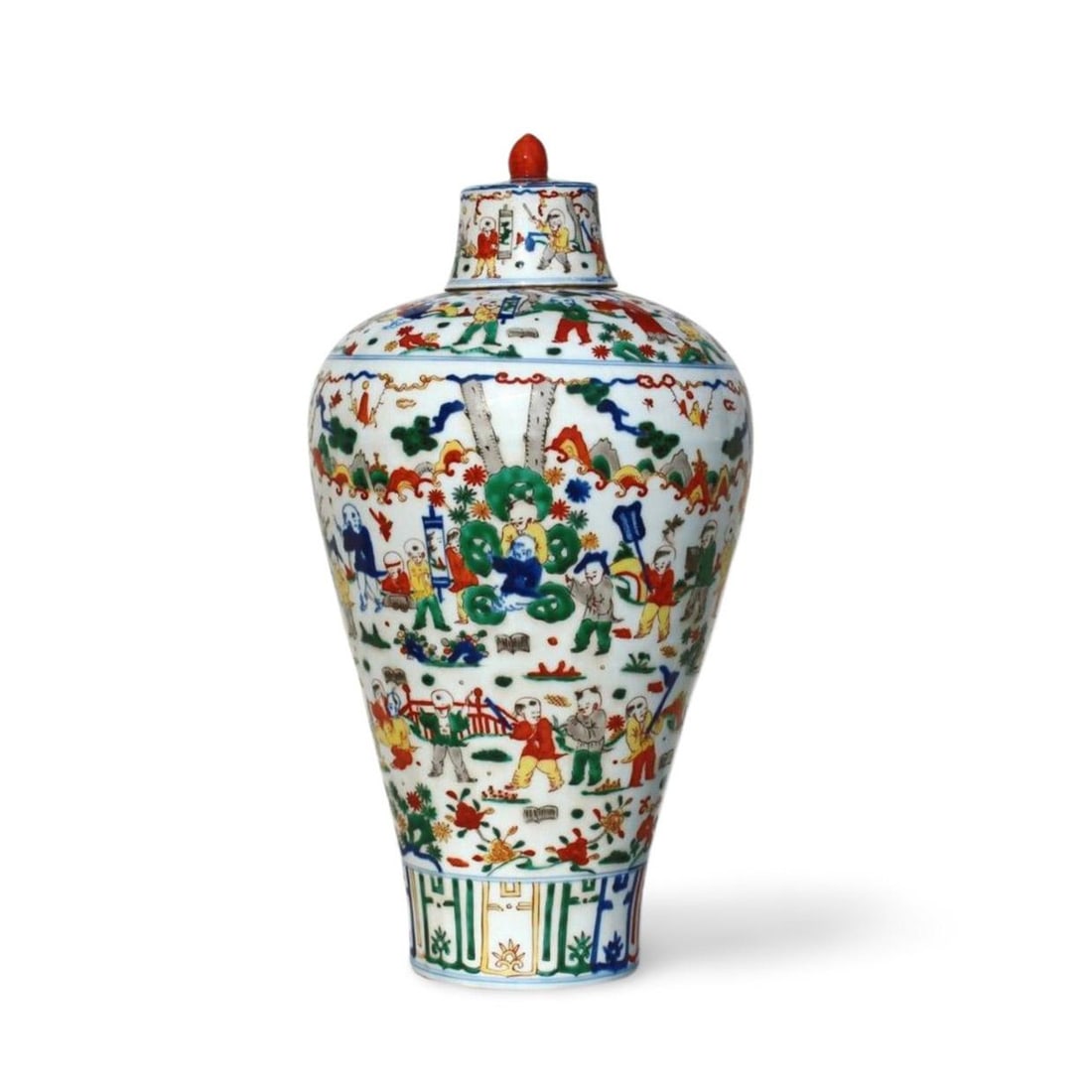A Wucai Meiping Vase with Lid: A Wucai Meiping Vase with Lid. Dimension: 10.25" x 19.5".