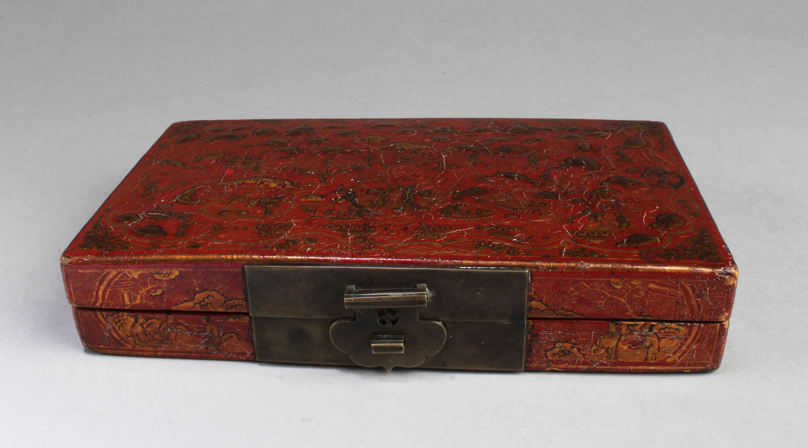 Antique Chinese Leather Rectangular Shaped Box: Antique Chinese Leather Rectangular Shaped Box, with original bronze latch gold inlay. Length: 7.5"