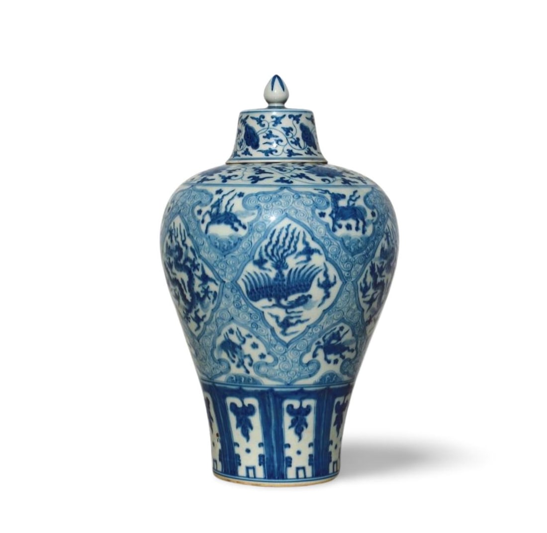 A Blue and White Meiping Vase with Lid: A Blue and White Meiping Vase with Lid. Dimension: 7.75" x 12.75".
