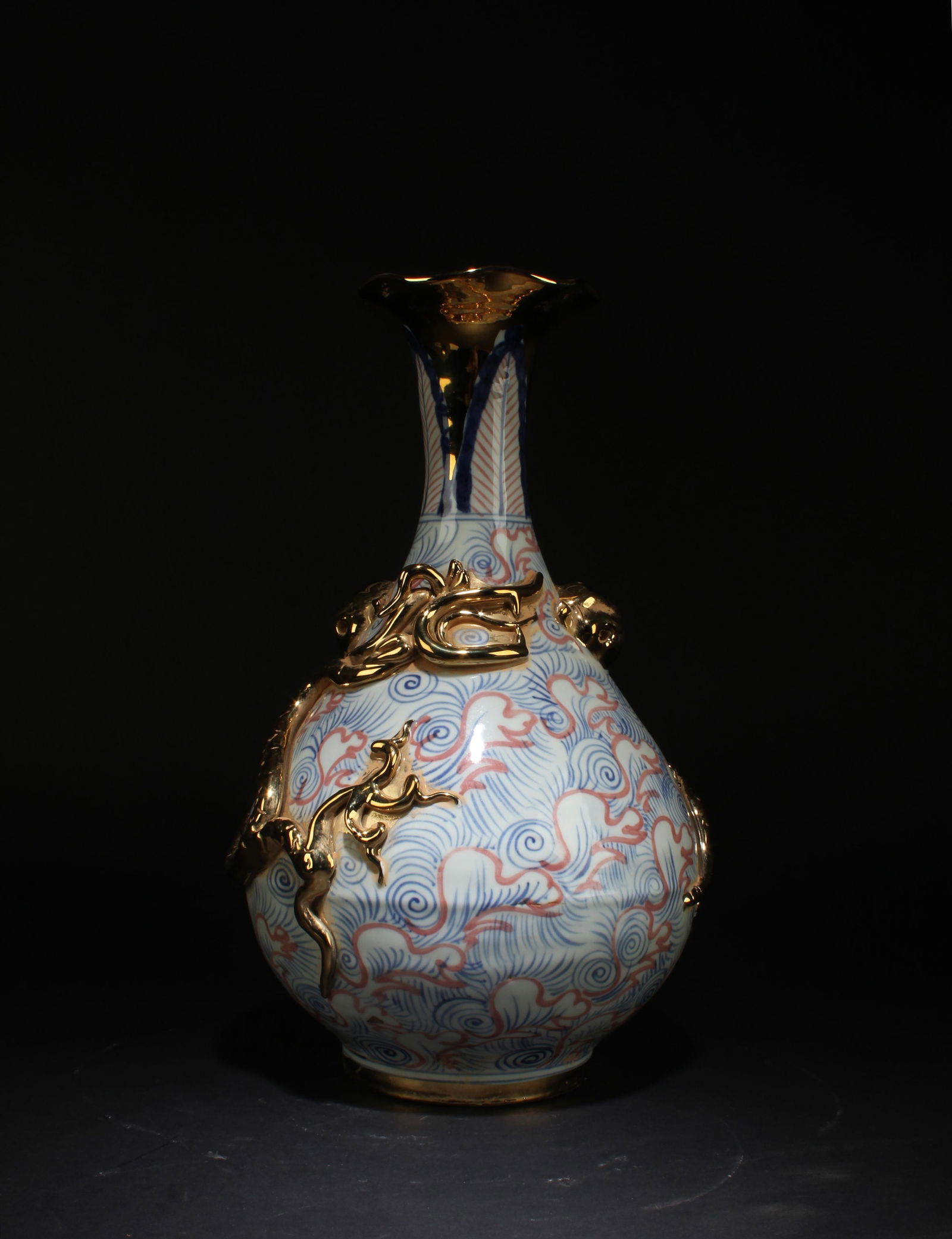 Dragon Beast-Eared Porcelain Vase: A Porcelain Vase with lobed mouth. Four character mark at base. Height: 13.5"